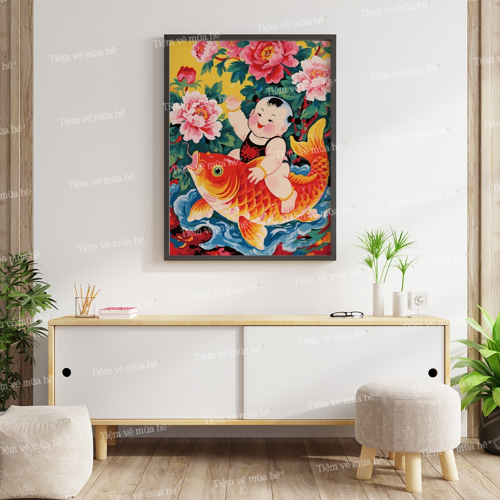 Tranh số hóa Đồng đồng ngư hội đã căng khung 40x50cm