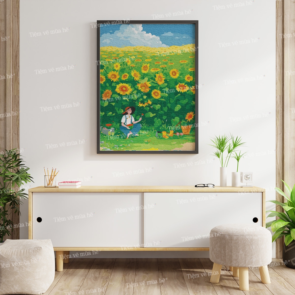 Tranh số hóa Trưa hè trên đồng hướng dương đã căng khung 40x50cm