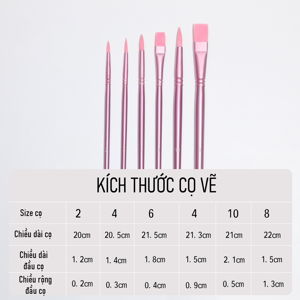 Bộ 6 cọ cao cấp chuyên vẽ Tranh số hóa, vẽ tranh màu Acrylic, màu Gouache, màu nước