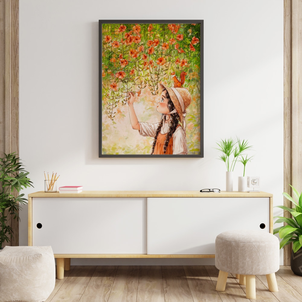 Tranh số hóa - Cô gái và giàn hoa đã căng khung 40x50cm 27 màu