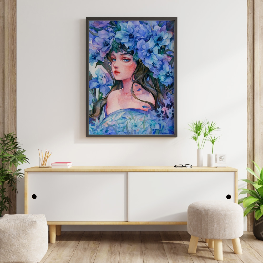 Tranh số hóa - Cô gái và hoa tím đã căng khung 40x50cm 27 màu