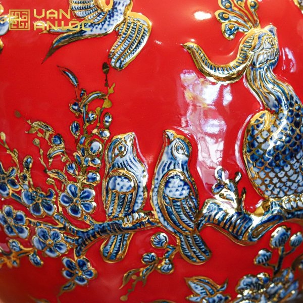 Bình Hút Lộc Công Danh Phú Quý Men Đỏ Hoạ Tiết Xanh Vẽ Vàng