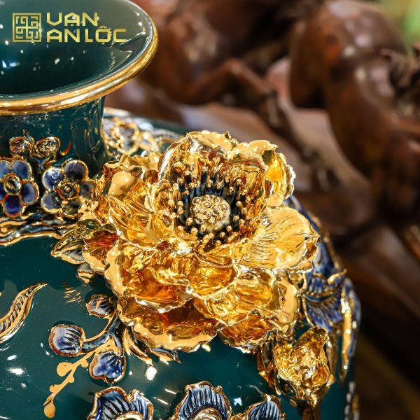 Bình Hút Lộc Công Danh Phú Quý Men Xanh Lục Bảo Hoạ Tiết Xanh Vẽ Vàng Bát Tràng