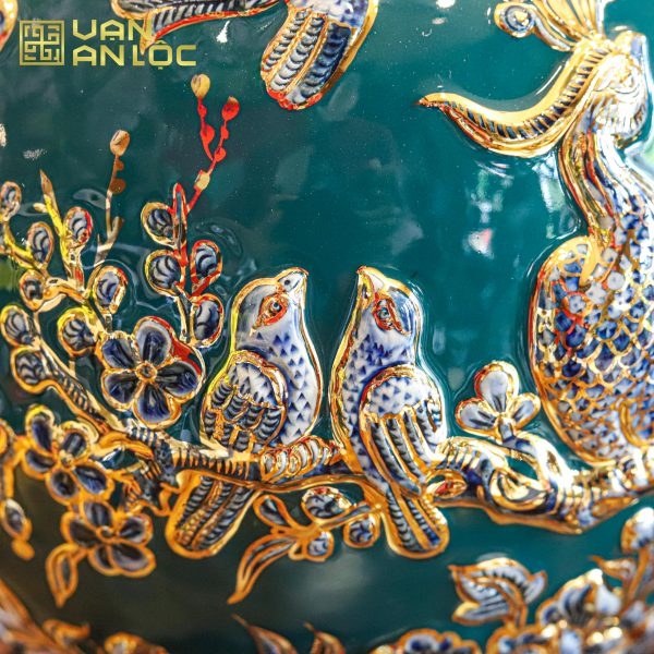 Bình Hút Lộc Công Danh Phú Quý Men Xanh Lục Bảo Hoạ Tiết Xanh Vẽ Vàng Bát Tràng