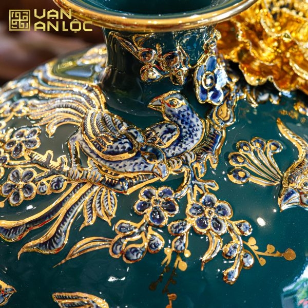 Bình Hút Lộc Công Danh Phú Quý Men Xanh Lục Bảo Hoạ Tiết Xanh Vẽ Vàng Bát Tràng