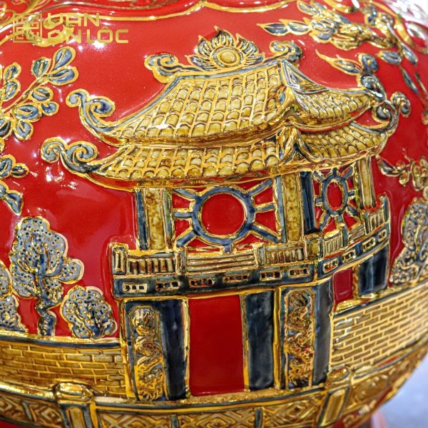 Bình Hút Lộc Hà Nội Men Đỏ Vẽ Vàng Bát Tràng