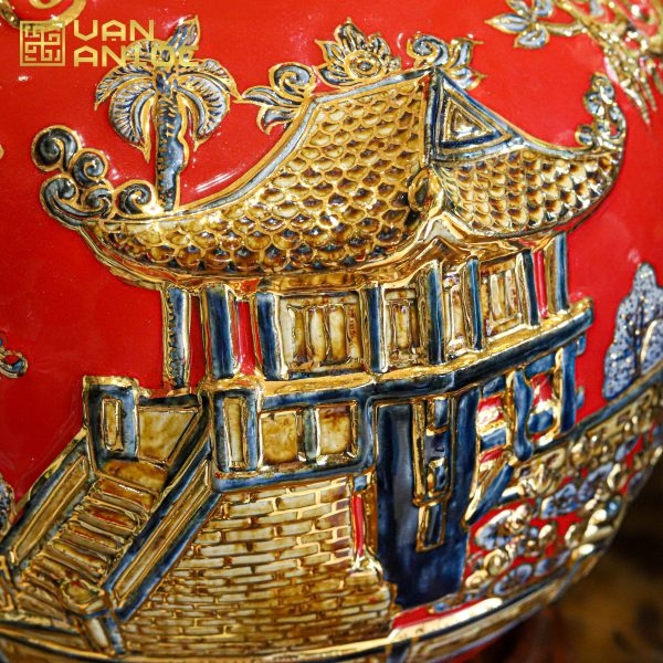 Bình Hút Lộc Hà Nội Men Đỏ Vẽ Vàng Bát Tràng