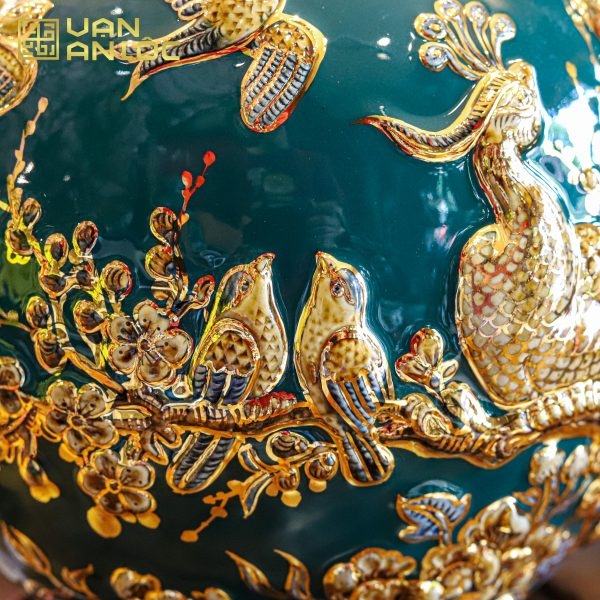 Bình Hút Lộc Công Danh Phú Quý Men Xanh Lục Bảo Vẽ Vàng Bát Tràng