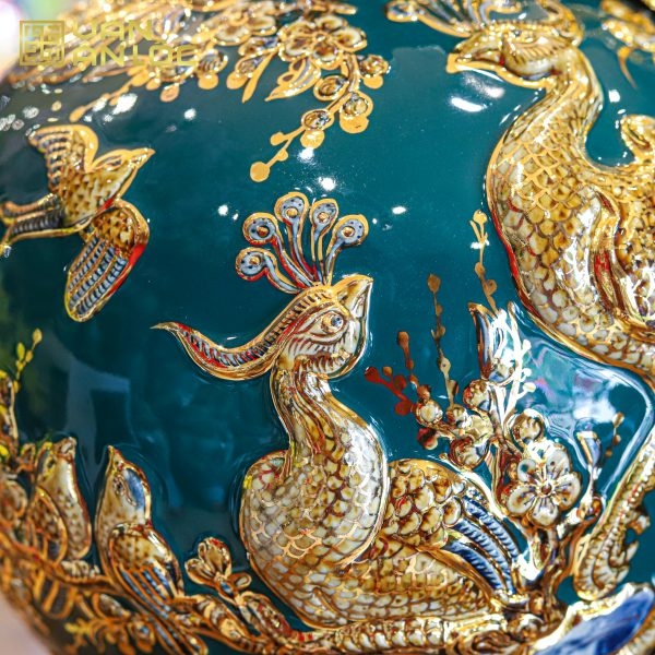 Bình Hút Lộc Công Danh Phú Quý Men Xanh Lục Bảo Vẽ Vàng Bát Tràng