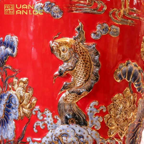 Lộc Bình Phúc Đức Men Đỏ Đắp Nổi Vẽ Vàng Bát Tràng