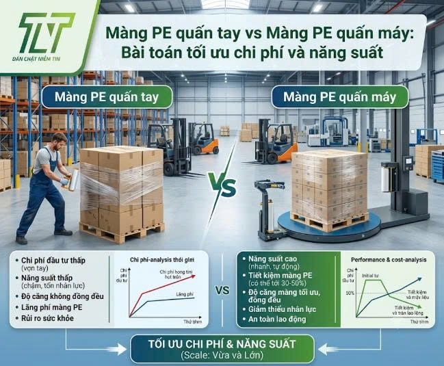 Màng PE Quấn Tay vs Màng PE Quấn Máy: Bài Toán Tối Ưu Chi Phí Và Năng Suất Cho Kho Bãi, Xưởng Sản Xuất Quy Mô Vừa Và Lớn