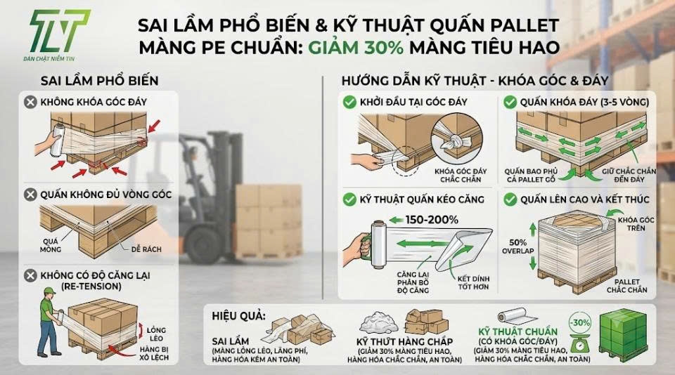 Sai Lầm Phổ Biến Khi Quấn Màng PE Pallet: Hướng Dẫn Kỹ Thuật Quấn Khóa Góc Và Đáy Pallet Để Giảm 30% Lượng Màng Tiêu Hao