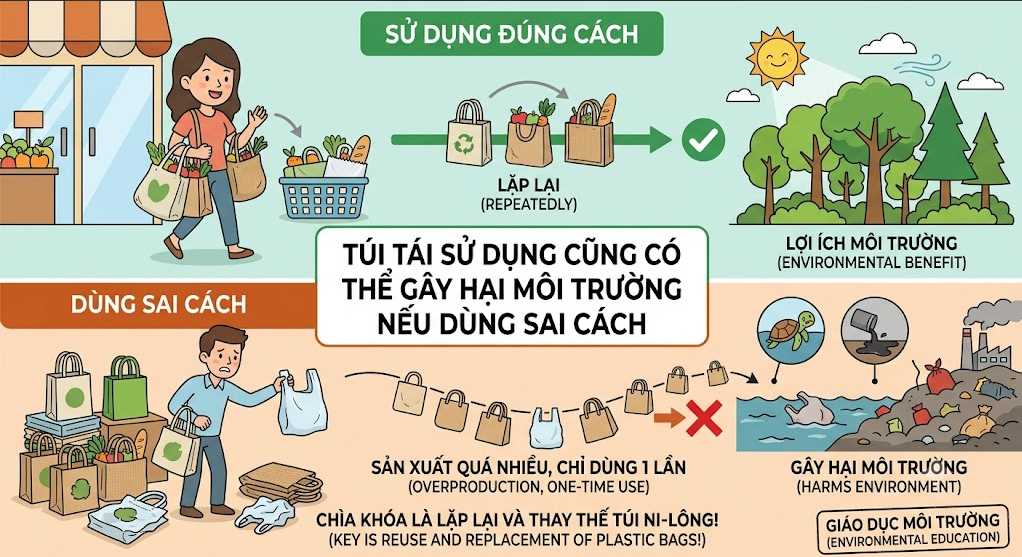 Túi tái sử dụng cũng có thể gây hại môi trường nếu dùng sai cách