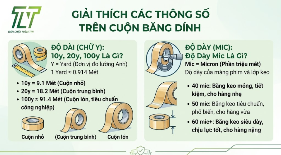 Giải Thích Các Thông Số Trên Cuộn Băng Dính: 10y, 20y, 100y Là Gì? Độ Dày Mic là gì?