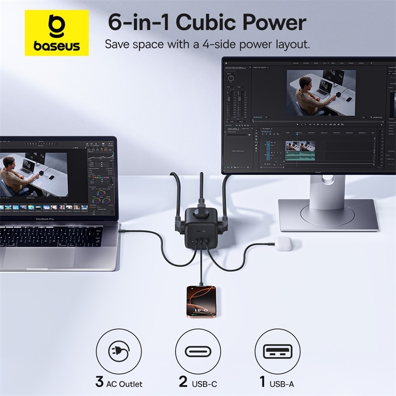 Bộ Sạc Nhanh 3AC+1U+1C Baseus EnerFill FA11 Cube Power Strip 67W (Tích Hợp Dây Nguồn Nối Dài 1.5m Chân EU)