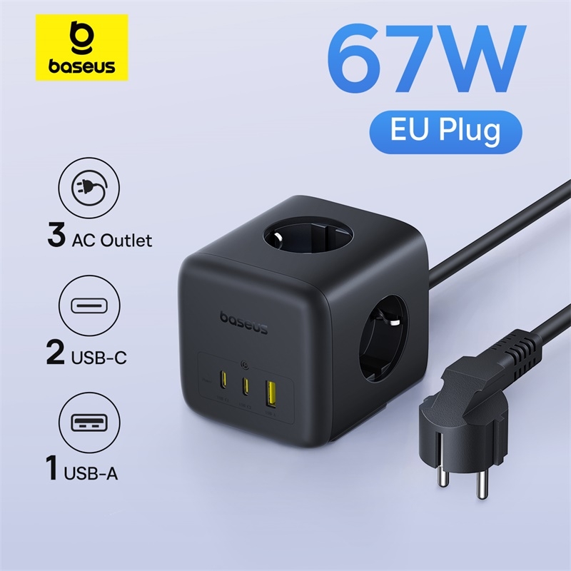 Bộ Sạc Nhanh 3AC+1U+1C Baseus EnerFill FA11 Cube Power Strip 67W (Tích Hợp Dây Nguồn Nối Dài 1.5m Chân EU)