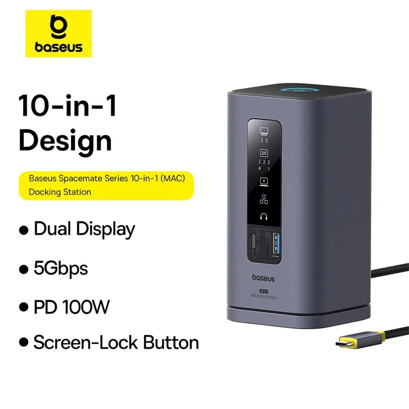 OS-Baseus Spacemate Series 10-in-1 (MAC) Docking Station Space Grey USB-C to 1*HDMI 4K@60Hz+1*HDMI 4K@30Hz+2*USB-A (5Gbps)+1*USB-C (5Gbps)+1*RJ45+2*USB-A (480Mbps)+1*USB-C (PD)+1*3.5mm Audio