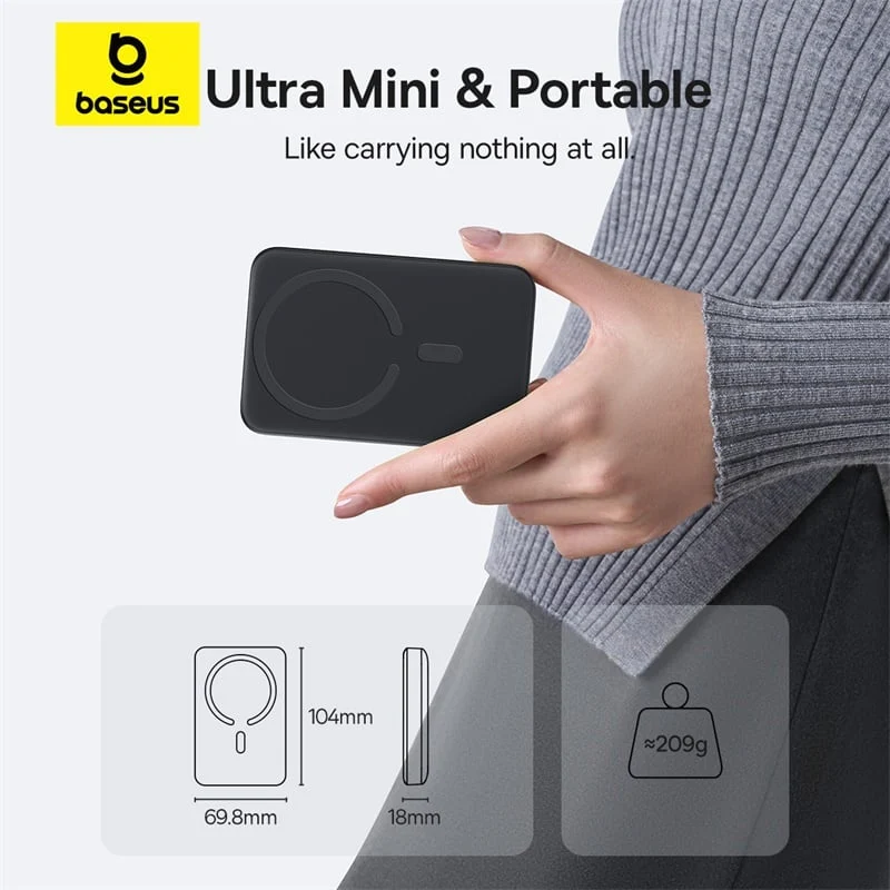 Pin Dự Phòng Không Dây Baseus EnerFill FM11 Ultra-Mini 10000mAh 22.5W (Sạc Không Dây 15W, Kèm Cáp C to C 0.3m 60W)