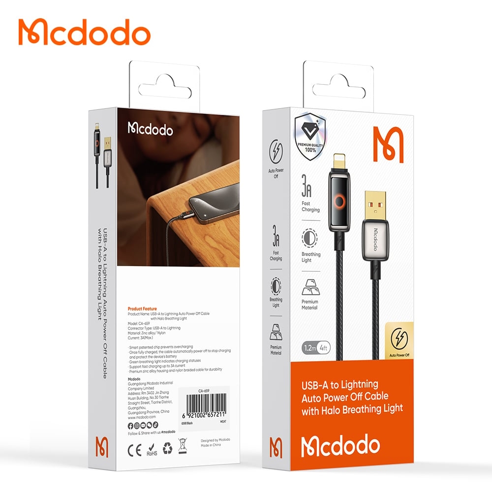 Cáp Tự Ngắt USB to Lightning MCDODO CA-659 3A (1.2m, Auto Power Off, with Breathing Light, 480Mbps)