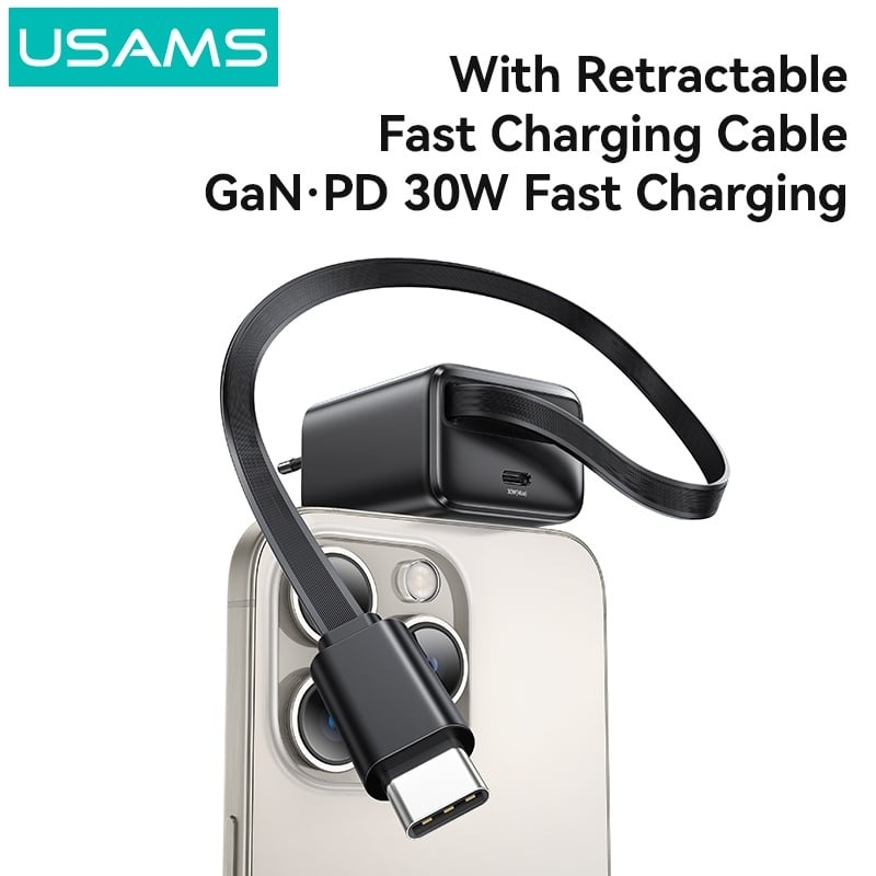 Củ sạc tích hợp cáp sạc dây rút USAMS CC243 30W GaN Charger With Type-C Retractable Cable - YC Series (US)Type-C Port + 80CM Type-C Retractable cable