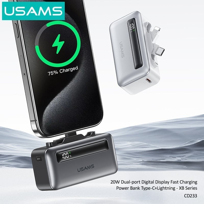 Pin Dự Phòng Mini USAMS CD233 nhỏ gọn, sạc nhanh 20W, tích hợp cáp sạc Type-C+Lightning có màn hình hiển thị pin dùng cho điện thoại iPhone, Samsung, Xiaomi