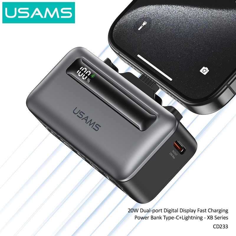 Pin Dự Phòng Mini USAMS CD233 nhỏ gọn, sạc nhanh 20W, tích hợp cáp sạc Type-C+Lightning có màn hình hiển thị pin dùng cho điện thoại iPhone, Samsung, Xiaomi