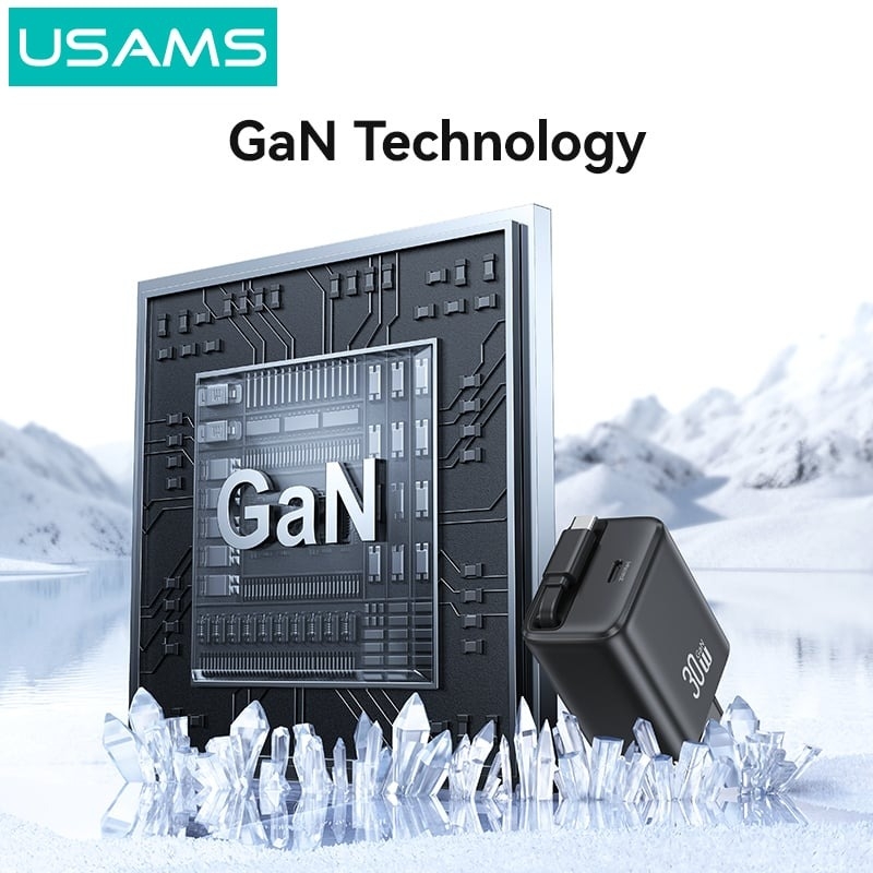 Củ sạc tích hợp cáp sạc dây rút USAMS CC243 30W GaN Charger With Type-C Retractable Cable - YC Series (US)Type-C Port + 80CM Type-C Retractable cable