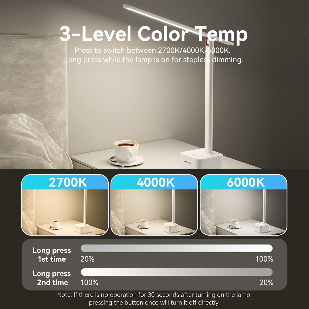 Đèn Để Bàn VENTION PDB 5W (CRI Ra≥90, 2700K-4000K-6000K, 1800mAh, Up to 15H)