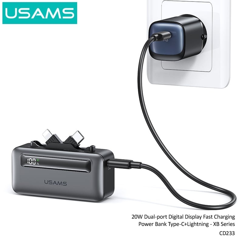 Pin Dự Phòng Mini USAMS CD233 nhỏ gọn, sạc nhanh 20W, tích hợp cáp sạc Type-C+Lightning có màn hình hiển thị pin dùng cho điện thoại iPhone, Samsung, Xiaomi