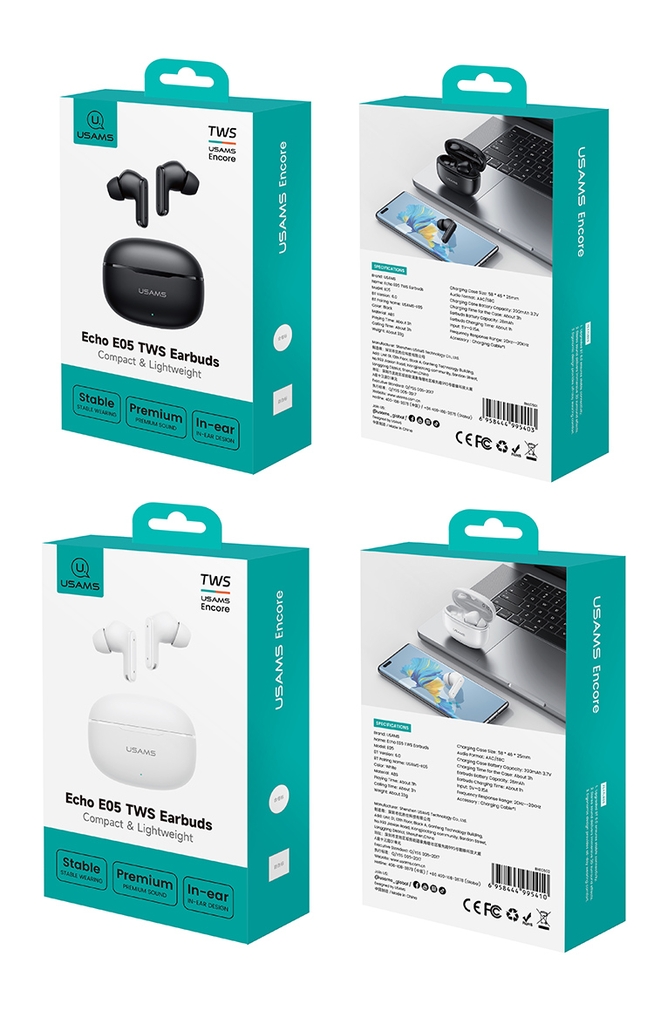 Tai Nghe Bluetooth TWS USAMS Echo E05 (Bluetooth v6.0, 3.5H, 3D Surround Stereo Sound, Low latency)