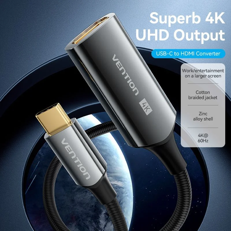 Cáp Chuyển Type-C to HDMI2.0 Female VENTION CREBC 4K@60Hz (4K@60Hz 2K@120Hz, Cotton Braided, 0.25M)
