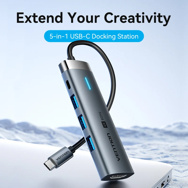 HUB Mở Rộng Đa Năng 5-in-1 VENTION TGM (Type C to 1*HDMI 4K@60Hz, 3*USB3.0 5Gbps, 1*Type-C 3.2 Gen1 5Gbps+PD 100W)