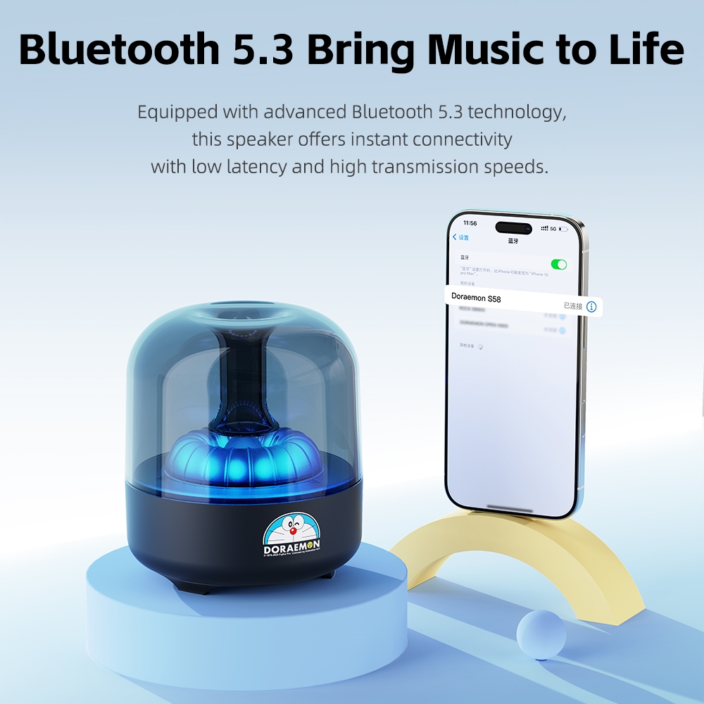 Loa Di Động Pha Lê Bluetooth ROCK Doraemon S58 (Bluetooth v5.3, ≥2H, with Vibrant Ambient Lights, 52mm Full-Range Speaker, Hi-Fi Audio, Crystal Clear Glass, 800mAh, Multiple Playback Modes, HFP, HSP, A2DP, AVRCP)