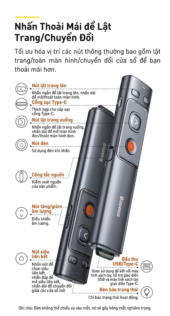 Bút Laser trình chiếu Baseus Orange Dot Wireless Presenter Red Laser Pointer
