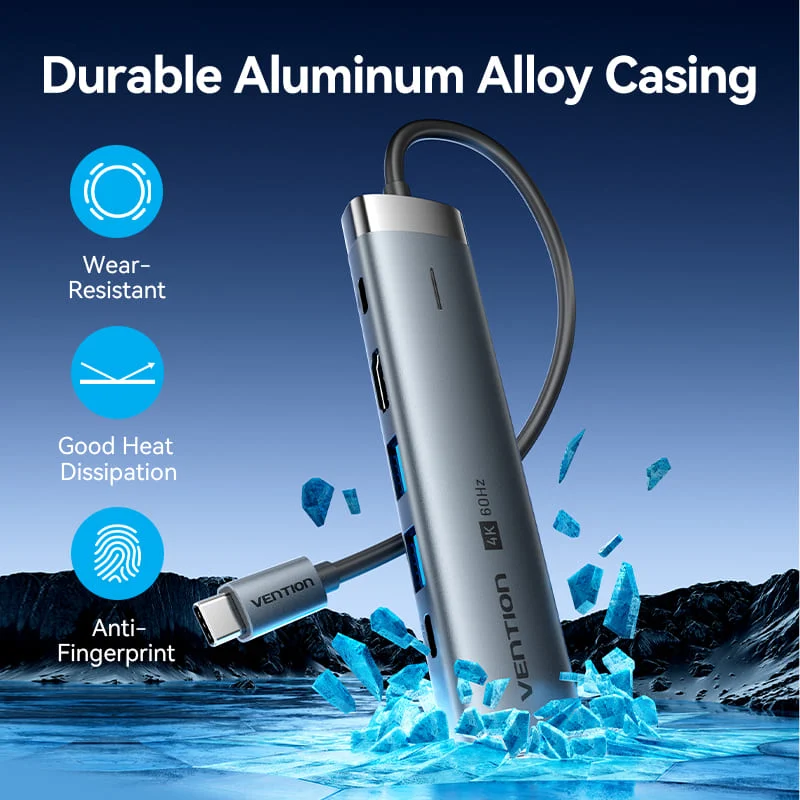 Hub Mở Rộng Kết Nối Đa Năng 6-in-1 VENTION TGN (0.15M, 5Gbps, C to HDMI 4K@60Hz, Type-C3.2 Gen1*1, USB 3.0*2, RJ45 1Gbps*1,PD 100W*1)