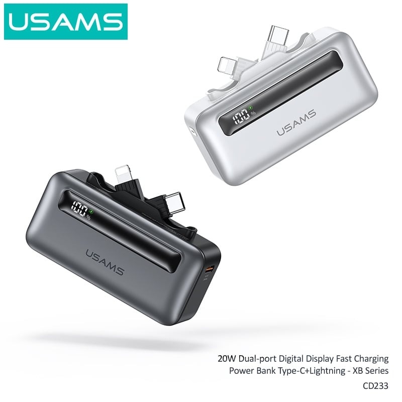 Pin Dự Phòng Mini USAMS CD233 nhỏ gọn, sạc nhanh 20W, tích hợp cáp sạc Type-C+Lightning có màn hình hiển thị pin dùng cho điện thoại iPhone, Samsung, Xiaomi