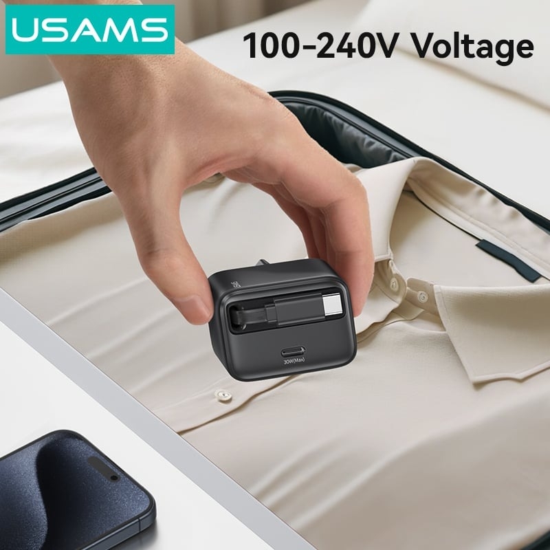 Củ sạc tích hợp cáp sạc dây rút USAMS CC243 30W GaN Charger With Type-C Retractable Cable - YC Series (US)Type-C Port + 80CM Type-C Retractable cable