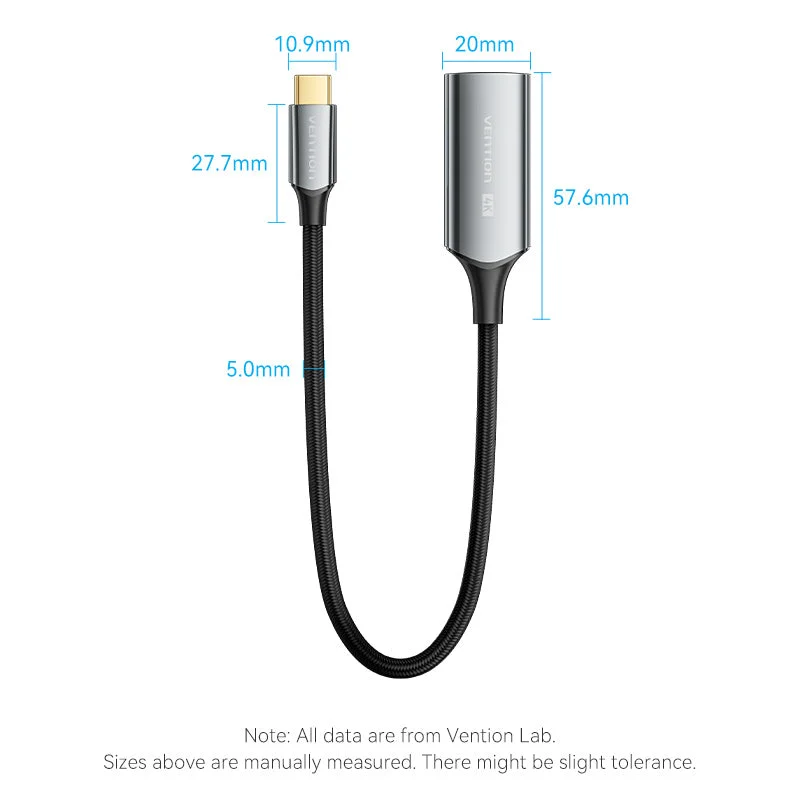 Cáp Chuyển Type-C to HDMI2.0 Female VENTION CREBC 4K@60Hz (4K@60Hz 2K@120Hz, Cotton Braided, 0.25M)
