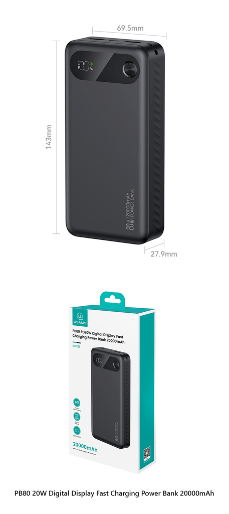 Pin Dự Phòng USAMS CD249 10000mAh/20000mAh 20W (Digital LED Display, USB + 2*Type-C Port)