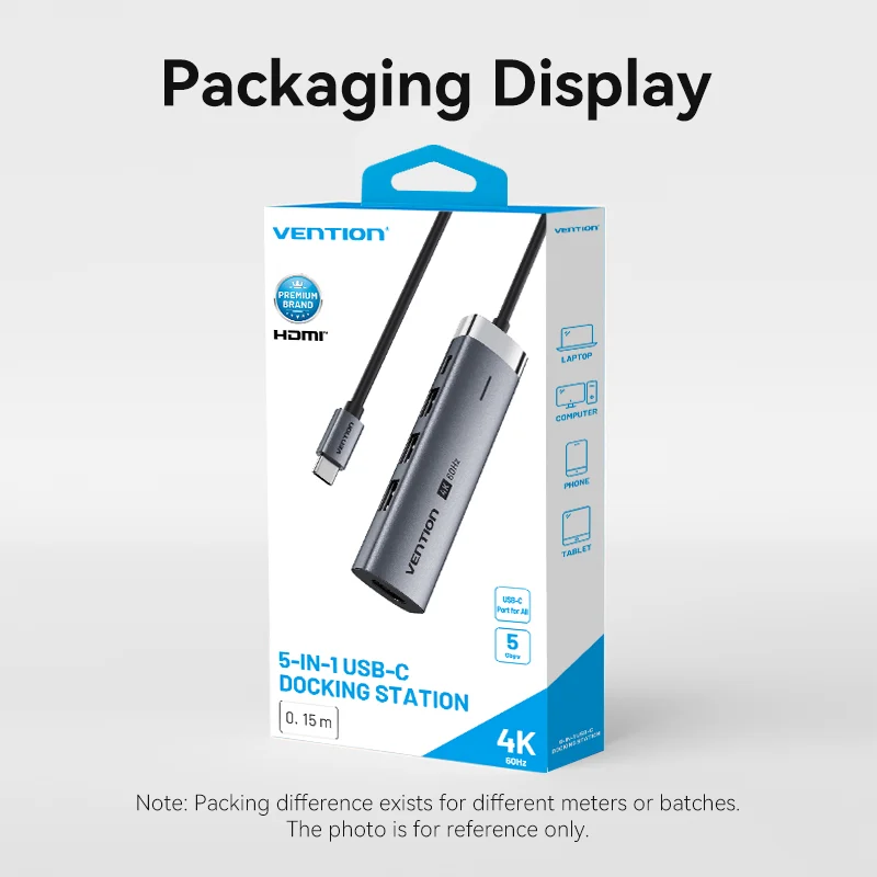 HUB Mở Rộng Đa Năng 5-in-1 VENTION TGM (Type C to 1*HDMI 4K@60Hz, 3*USB3.0 5Gbps, 1*Type-C 3.2 Gen1 5Gbps+PD 100W)