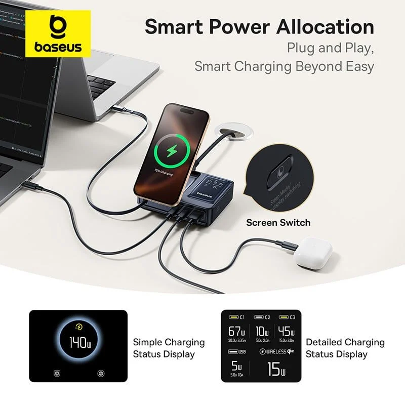 Baseus NOMOS 5-in-1 Desktop Charger 3C+U 140W US Qi2 Wireless