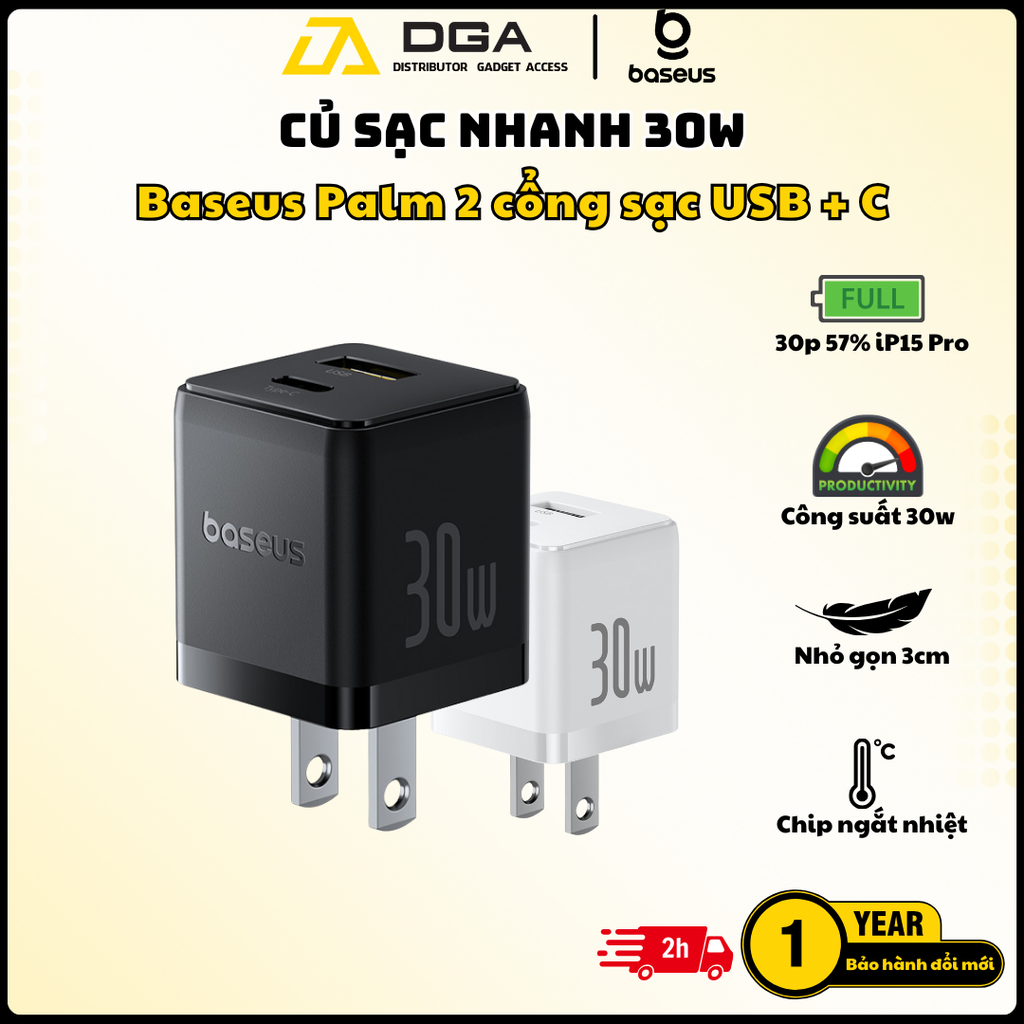 Củ sạc nhanh Baseus Palm 2 cổng Type C 30W kèm dây sạc Mini White USB C to C 60W 1M