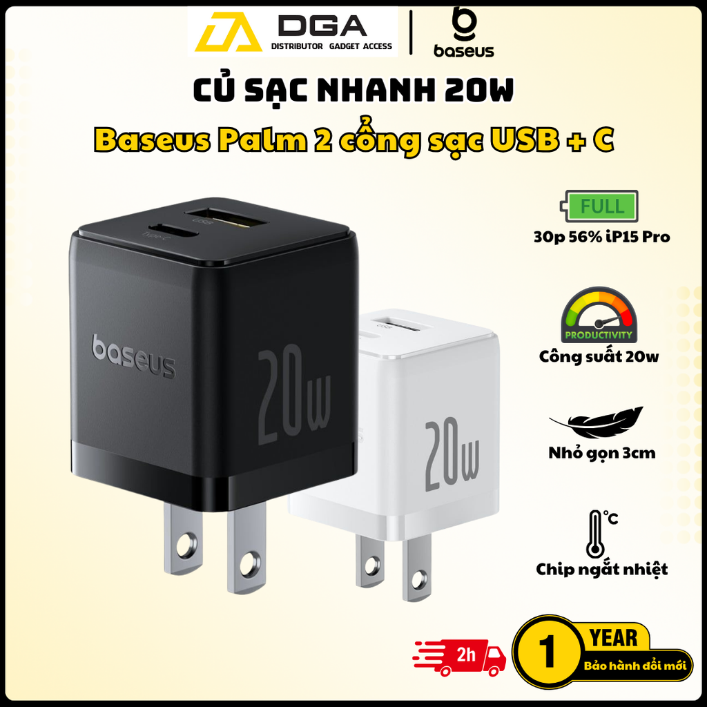Củ Sạc Nhanh Baseus Palm C+U 20W (For iPhone/iPad/Samsung/Google Pixel)