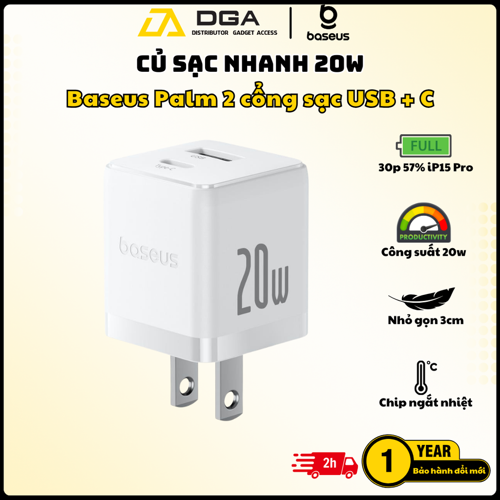 Củ Sạc Nhanh Baseus Palm C+U 20W (For iPhone/iPad/Samsung/Google Pixel)