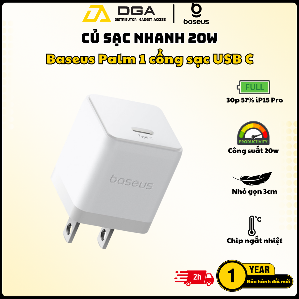 Củ Sạc Nhanh Baseus Palm C+U 20W (For iPhone/iPad/Samsung/Google Pixel)