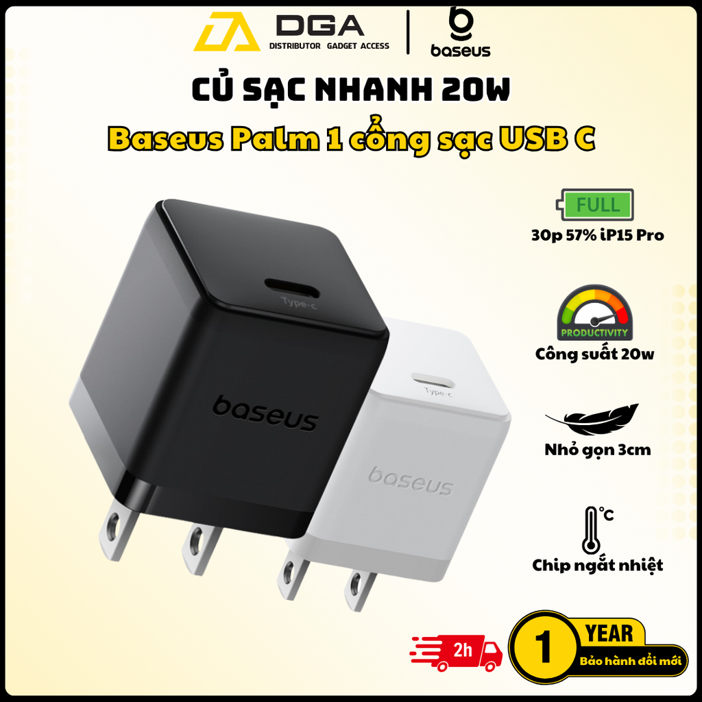 Củ Sạc Nhanh Baseus Palm C+U 20W (For iPhone/iPad/Samsung/Google Pixel)