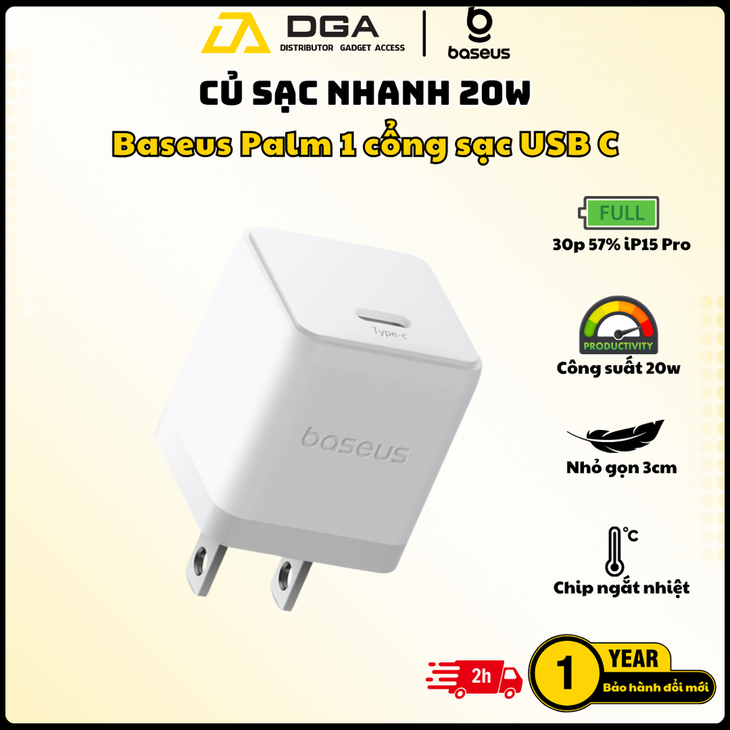 Củ Sạc Nhanh Baseus Palm C+U 20W (For iPhone/iPad/Samsung/Google Pixel)
