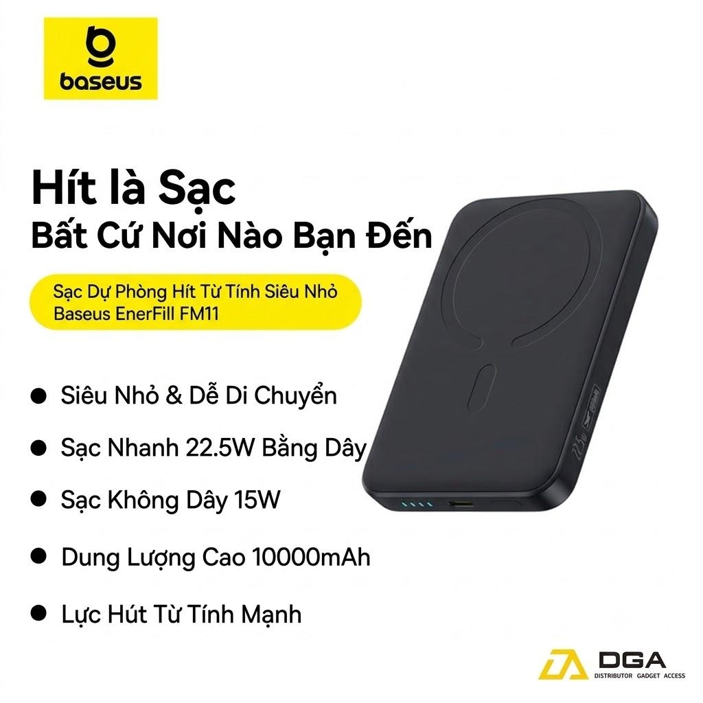 Pin sạc dự phòng Baseus EnerFill FM11 Ultra-Mini Magnetic Power Bank 10000mAh 22.5W (CCC / 3C Certification, Includes Simple Cable Type-C to Type-C 20V/3A 30cm)