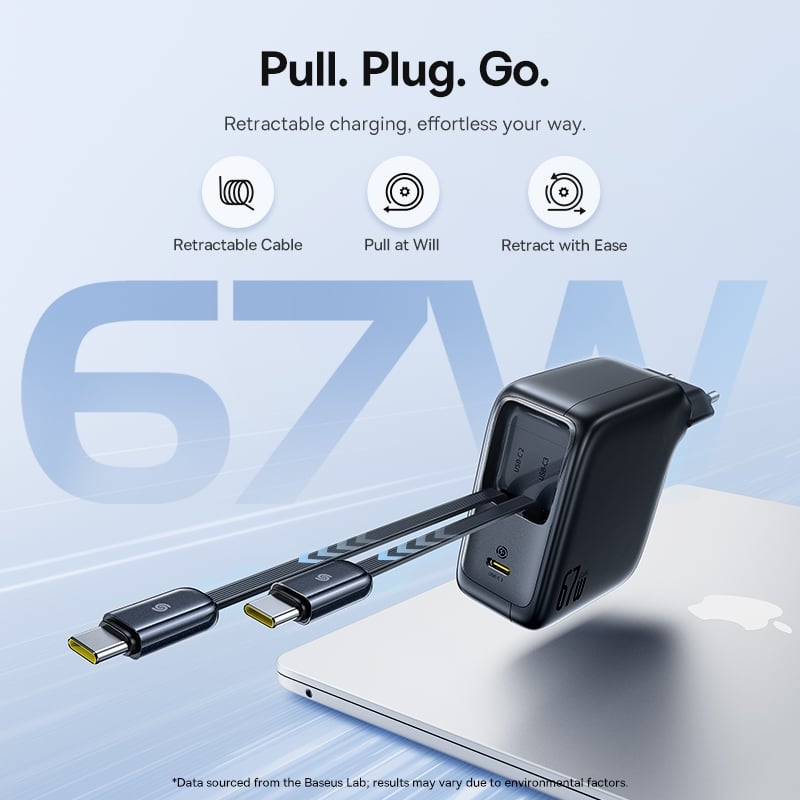 Củ sạc điện thoại Baseus EnerCore CJ21 Fast Charger with Dual Retractable Cables 3C 67W US - Đen, Model: E0120F00