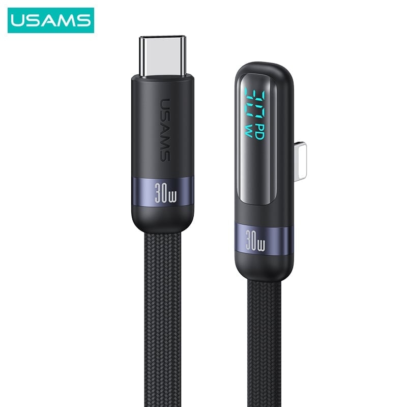 Cáp Sạc Nhanh C to Lightning USAMS SJ652 30W (Digital Display, 1.2m, 480Mbps, Right-angle cable)